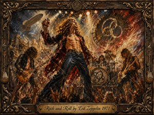 A commanding rock singer dominates a blazing concert stage, flanked by guitarist, bassist, and drummer beneath brilliant golden spotlights. Fiery reds, amber, smoky blues, and deep shadows amplify the explosive energy. Expressive oil-paint textures, raised crowd hands, a distant airship, ornate musical frame, and engraved title plate create a dramatic 1970s tribute.