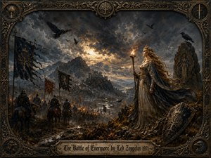 A crowned woman holding a flaming staff overlooks a vast medieval army moving through a misty mountain valley toward a distant fortress. Storm clouds, ravens, banners, and torchlight create a prophetic, ominous mood. Deep blues, charcoal, bronze, and gold enrich the painterly scene, framed by ornate Gothic metalwork and heraldic details.