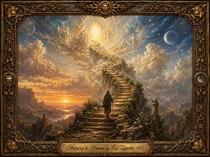 A solitary cloaked traveler ascends an ancient stone stairway winding through rugged mountains into luminous celestial clouds and a radiant golden gateway. Warm sunset oranges blend with cool blues, stars, and a crescent moon. Dramatic light, classical fantasy painting, ornate gilded framing, carved celestial motifs, flowers, ruins, and a brass title plate complete the visionary scene.