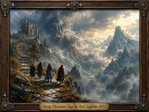 Four cloaked travelers climb a winding mountain path toward ancient ruins amid towering, mist-shrouded peaks. Cool blue-gray fog contrasts with warm golden sunlight breaking through dramatic clouds. Richly detailed fantasy realism, rugged stone, alpine vegetation, and sweeping depth create an adventurous, mystical mood, framed by ornate Celtic-inspired wood and metalwork.