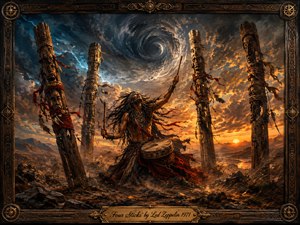 A wild-haired drummer kneels among four towering carved wooden posts beneath a swirling storm vortex and fiery sunset. Deep blues, bronze, crimson, and glowing gold create a mystical, ritualistic mood. Dramatic painterly lighting, windswept ribbons, dust, and intricate textures intensify the motion, framed by ornate dark wood and antique metalwork.