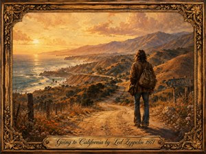 A lone traveler overlooks Californias rugged coastline at golden hour, standing beside a winding road that descends through sunlit hills toward the Pacific. Warm amber, ochre, and blue tones create a wistful, hopeful mood. Painterly textures, wildflowers, distant mountains, an ornate gilded frame, and engraved title plate complete the nostalgic composition.