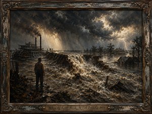 A lone figure faces a catastrophic levee breach as muddy floodwaters surge through a storm-darkened Southern landscape. A paddlewheel steamboat, submerged homes, shattered timber, and distant survivors deepen the sense of loss. Dramatic lightning and golden breaks in charcoal clouds illuminate the richly textured, vintage oil-painted scene within an ornate weathered frame.
