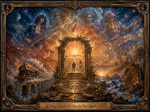 A richly detailed fantasy-rock painting unfolds around a radiant central archway, where a lone musician faces a blazing golden portal. Cosmic skies, swirling musical notes, ghostly figures, a steam train, rugged sea cliffs, and mystical symbols create an epic, timeless mood. Warm golds contrast with deep blues inside an ornate antique frame.