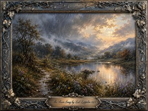 A romantic painted valley rests beneath sweeping rain and mist, where a reflective river catches warm golden light breaking through storm clouds. Wildflowers, wet grasses, distant mountains, and autumn-tinted trees create a tranquil, wistful mood. An ornate metallic vine-and-raindrop frame surrounds the scene, finished with an engraved title plate.