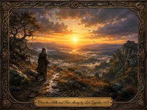 A lone cloaked traveler crosses a rugged mountain path toward a glowing sunset beyond mist-filled valleys and winding rivers. Warm gold, amber, and earthy tones contrast with cool gray cliffs and clouds, creating a reflective, adventurous mood. Intricate Celtic-inspired framing and an engraved brass title plate complete the richly detailed fantasy painting.