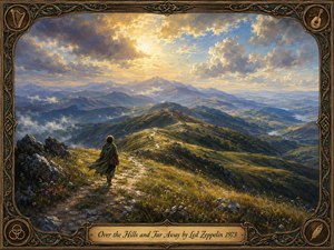 A lone traveler follows a winding mountain path through sunlit green and golden hills toward distant blue peaks. Dramatic clouds surround a glowing sky, creating a wistful, adventurous mood. Rich painterly textures, wildflowers, rocky ridges, and atmospheric haze enhance the depth, while an ornate Celtic-inspired frame and engraved title plate complete the composition.
