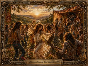 A richly detailed painterly scene captures a joyful outdoor music gathering at sunset, with flower-crowned dancers moving through a wildflower meadow as musicians perform nearby. Warm gold, amber, and earthy tones glow beneath dramatic evening light. An ornate carved frame surrounds the composition, finished with a brass engraved title plate.