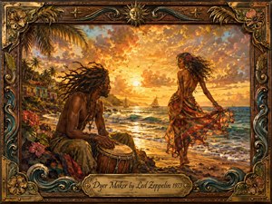 A richly painted tropical sunset frames a rhythmic seaside moment, with a dreadlocked drummer watching a graceful woman dance barefoot along glowing surf. Fiery gold, orange, turquoise, and deep green create a warm, romantic mood, while musical notes drift through dramatic clouds. An ornate carved frame and engraved title plate complete the vintage, handcrafted composition.