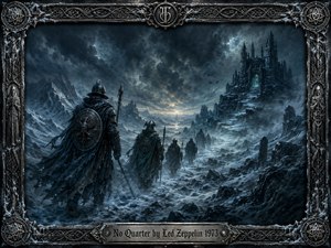 Armored travelers trudge through a frozen mountain wasteland toward a towering gothic fortress glowing faintly through storm and mist. Cold blue-gray tones, icy textures, ravens, and dramatic cloud-filtered light create a grim, mysterious mood. The detailed dark-fantasy painting is enclosed by an ornate frost-covered metal frame and engraved title plate.