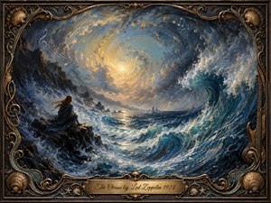 A solitary figure sits on jagged coastal rocks as towering blue-green waves surge beneath a luminous, swirling sky. Golden sunlight pierces storm clouds, casting a radiant path across the sea. Musical notes drift through wind and water, framed by ornate nautical scrollwork, shells, and brass details in a richly painted romantic style.