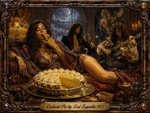 A richly detailed vintage painting depicts a sensual, candlelit lounge where a reclining woman, decadent custard pie, and brooding rock musicians create an atmosphere of indulgence and swagger. Warm amber, burgundy, and gold tones contrast with cool moonlight, while ornate gemstones, carved metalwork, luxurious fabrics, and the engraved title plate frame the theatrical scene.