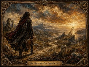 A lone wanderer stands on a rugged path overlooking ancient ruins, distant mountains, and a glowing coastline beneath a dramatic storm-lit sky. Rich gold, bronze, brown, smoky blue, and crimson tones create a restless, adventurous mood. Ornate antique framing, symbolic medallions, a guitar case, and engraved title plate complete the painterly composition.