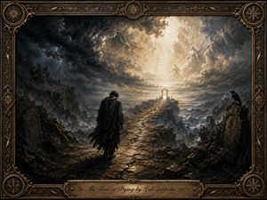 A lone cloaked traveler crosses a shattered stone causeway through a storm-dark coastal wasteland toward a radiant heavenly archway. Deep charcoal, bronze, blue-gray, and golden tones create a solemn, transcendent mood. Dramatic light pierces swirling clouds filled with ethereal figures, while ravens, ruins, grave markers, and an ornate antique frame heighten the gothic painted atmosphere.