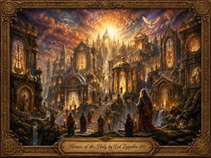 A radiant fantasy city of cathedral-like halls rises through waterfalls, stairways, and glowing stained glass as robed musicians journey toward a brilliant celestial light. Rich gold, amber, violet, and blue tones create a mystical, reverent mood. Ornate architecture, musical symbols, a white dove, and a gilded frame complete the painterly scene.