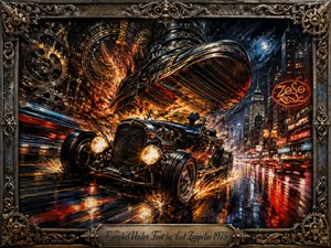 A black vintage roadster races through a rain-slicked city beneath an enormous mechanical boot, surrounded by gears, sparks, flames, and neon reflections. Fiery oranges, steel blues, and deep blacks create a dramatic nocturnal glow. The ornate metallic frame and engraved title plate reinforce the artworks powerful steampunk-inspired, high-energy atmosphere.