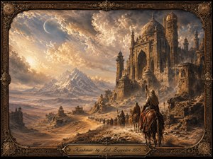 A majestic caravan crosses a vast golden desert toward an immense ancient palace beneath snowcapped mountains and turbulent, glowing clouds. Warm amber, bronze, and earth tones create a mystical, epic mood, while dramatic sunlight and atmospheric haze deepen the cinematic composition. An ornate antique frame and engraved title plate complete the richly detailed painted style.