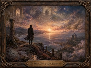 A solitary figure stands on a windswept coastal cliff, gazing toward a glowing sunset across a vast sea. Faded clocks, photographs, ruins, and handwritten memories drift through the twilight sky, creating a wistful, dreamlike mood. Rich amber, violet, and blue tones glow within an ornate antique bronze-and-wood frame.