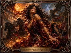 A fierce, windswept woman in flowing crimson and gold dominates this dramatic fantasy painting, surrounded by galloping black horses, fire, lightning, and a glowing moon. A guitarist and shadowy winged figure deepen the mythic, sensual mood. Rich reds, bronze, and ember tones blaze beneath stormy light within an ornate jeweled frame.