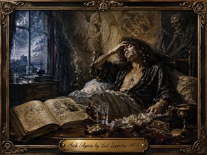 A feverish long-haired man reclines in an ornate Gothic bedroom as lightning flashes beyond a castle window. Dark bronze, gold, black, and stormy blue tones create a decadent, troubled mood. Dramatic chiaroscuro illuminates medicine bottles, scattered pills, an illustrated book, skeletal figures, mystical symbols, and the engraved brass title plate.