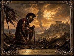 A wounded warrior in bronze armor kneels amid the wreckage of battle, gripping a bloodied sword as storm-lit clouds blaze over a ruined coastal citadel. The composition is dramatic and cinematic, with fiery golds, smoky browns, and deep reds, while an ornate classical frame and engraved title plate heighten the epic, mournful grandeur.