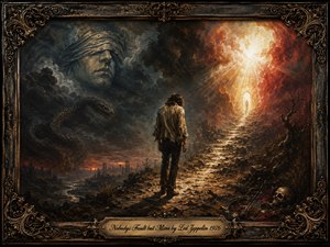 A weary lone figure stands on a rugged path between darkness and radiant light, symbolizing inner conflict and redemption. Storm clouds, a blindfolded spectral face, and a coiling serpent loom over a ruined landscape, while fiery gold illumination breaks through ahead. Rich oils, dramatic chiaroscuro, and an ornate antique frame heighten the haunting mood.