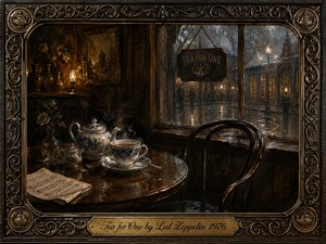 A richly textured oil-painted cafe scene captures quiet solitude beside a rain-streaked window. Warm amber lamplight contrasts with cool gray-blue streets outside, illuminating a polished table set with blue-and-white porcelain tea, flowers, and handwritten music. An empty chair, ornate antique frame, and engraved brass title plate deepen the nostalgic, melancholy atmosphere.