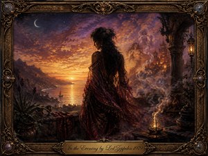 A solitary woman in flowing burgundy robes overlooks a glowing coastal sunset from an ancient stone terrace. Golden light blends with violet clouds, a crescent moon, lanterns, drifting smoke, and ghostly figures, creating a mysterious, romantic mood. Rich painterly textures and an ornate bronze-gold frame enhance the dreamlike fantasy atmosphere.
