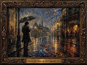 A solitary figure stands beneath a black umbrella on a rain-soaked city street, surrounded by glowing lamps, wet reflections, and distant architecture. Cool blues and grays contrast with warm amber light and vivid swirling colors in the pavement. Expressive oil-paint textures, musical motifs, and an ornate jeweled frame create a melancholic yet lively atmosphere.