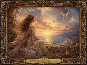 A contemplative woman in a flowing lace gown sits beside a rose-covered seaside terrace, gazing toward a radiant golden sunset. Soft pink, amber, blue, and violet clouds illuminate distant cliffs and shimmering water while white birds drift overhead. Romantic painterly realism, windblown fabric, scattered petals, and an ornate gilded floral frame create a tender, nostalgic mood.