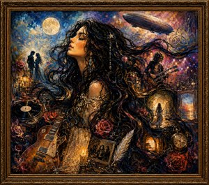 A dreamlike rock-inspired portrait centers on a serene woman whose long black wavy hair sweeps through a richly textured collage. Guitars, roses, moonlight, vinyl, candles, a zeppelin, stage musicians, clocks, and glowing doorways mingle like fading memories. Deep blues, golds, and crimson tones complete the ornate framed scene.