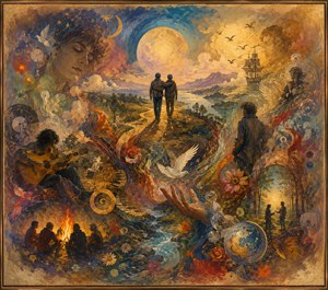 A radiant dreamscape celebrates friendship through two companions walking toward a glowing horizon. Musicians, campfire gatherings, birds, flowers, flowing water, distant ships, and mysterious faces weave together like remembered moments. Rich painted textures, warm golden light, vivid color, feathered edges, and an elegant frame create a timeless emotional tapestry.