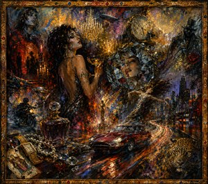 A glamorous dreamscape blends nightlife, danger, and temptation through shimmering figures, fractured reflections, antique clocks, jewels, candles, a racing red car, and a watchful leopard. Rich gold, crimson, violet, and midnight tones flow through textured brushwork, while softened edges and an ornate frame evoke distant, seductive memories.