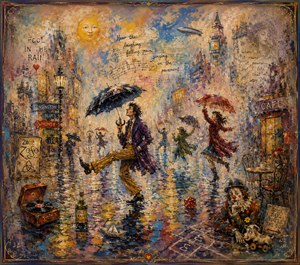A joyful dreamer dances through a glowing rain-soaked city, surrounded by umbrellas, music, reflections, curious signs, a paper boat, dice, a lonely clown, and scattered memories. Rich textured brushwork blends humor, romance, and melancholy, while misty edges and an ornate frame complete the whimsical, musical scene.