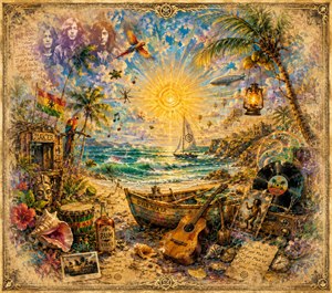 A radiant tropical shoreline bursts with sunlit waves, swaying palms, parrots, instruments, records, seashells, and weathered keepsakes. A painted boat and guitar anchor the lively seaside collage, while floating music notes and fading portraits suggest distant memories. An ornate golden frame completes this playful, nostalgic island serenade.