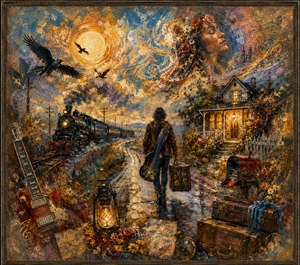 A lone traveler carrying a guitar and suitcase follows a glowing road toward home as a steam train rolls beneath swirling golden skies. Ravens, flowers, lanterns, vintage luggage, a warm cottage, and a dreamlike womans face blend through thick painted textures, creating a vivid memory of music, distance, longing, and return.