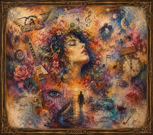 A vibrant dreamscape blends music, romance, and memory through a serene woman, electric guitar, roses, butterflies, clocks, vintage cars, drifting silhouettes, and glowing symbols. Rich paint textures, warm colors, and feathered edges create a nostalgic emotional haze, enclosed within an ornate antique frame.