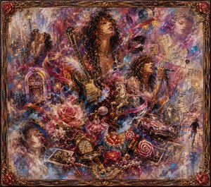 A vivid rock-and-roll dreamscape blends expressive performers, electric guitar, roses, records, perfume, pearls, candy, clocks, photographs, and carnival memories. Sweeping ribbons and feathered edges dissolve each symbol into glowing nostalgia. Rich brushwork, jewel-toned color, and an ornate rose-trimmed frame capture the restless sweetness and passion of Sweet Emotion.