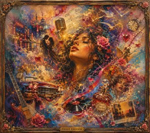 A vivid dreamscape of music, romance, and nostalgia surrounds a serene woman lost in emotion. Vintage cars, roses, records, clocks, city lights, birds, and glowing memories swirl through richly textured color. Feathered edges soften the scene like fading recollections, while an ornate frame completes the passionate, timeless composition.