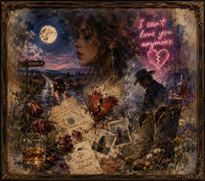 A moonlit country road carries a lone truck away through memories of lost love. A sorrowful woman, shadowed cowboy, cracked neon heart, faded photographs, letters, wilted roses, whiskey, boots, and wildflowers blend into a richly textured collage, softly feathered at the edges within an ornate antique frame.