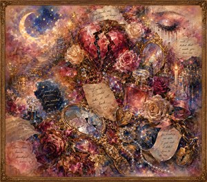 A shattered crimson heart anchors a luminous collage of roses, mirrors, perfume, pearls, candles, handwritten regrets, and broken chains. Golden stars and moonlit clouds soften the crowded scene, while feathered edges suggest fading memories. The ornate frame surrounds a glamorous reflection on love, guilt, beauty, and emotional loss.