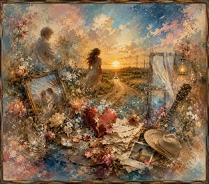 A glowing country road leads toward sunset as a woman walks away from a fading figure. Broken hearts, torn letters, roses, photographs, a guitar, lantern, and shattered glass mingle in richly textured paint. Feathered edges soften the scene like distant memories, capturing heartbreak, release, and love finally slipping away.
