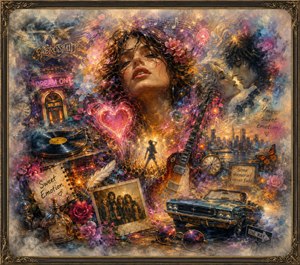 A vivid dreamscape blends rock-and-roll energy with tender nostalgia. A blissful woman, glowing heart, electric guitar, vinyl record, jukebox, vintage car, roses, clocks, photographs, and drifting musical notes swirl through luminous color. Feathered edges soften the crowded memories, while an ornate antique frame completes the emotional, painted collage.