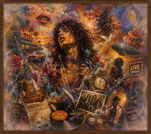 A vivid rock-and-roll dreamscape surrounds a passionate singer with guitars, roses, vinyl records, neon signs, dice, clocks, classic cars, and floating memories. Warm oranges, reds, purples, and golds create sensual energy, while smoky feathered edges and an ornate frame give the scene a nostalgic, hand-painted finish.