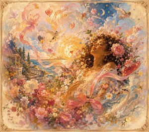 A radiant woman rests within a dreamlike seaside garden, surrounded by roses, swans, birds, floating hearts, ribbons, stars, and golden sunlight. Rich painterly textures and soft feathered edges create the feeling of a cherished memory, while the ornate frame completes this joyful celebration of effortless, blossoming love.