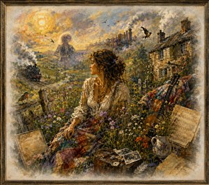 A thoughtful country woman rests among wildflowers, patchwork fabric, photographs, maps, and a weathered guitar. Behind her, a steam train winds through golden hills toward smoky industrial buildings and stone cottages. Birds, glowing sunlight, textured brushwork, and softly feathered edges create a vivid pastoral memory framed in rustic wood.