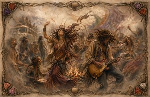 A wild 1970 hippie gathering erupts with music, dancing, and joyful rebellion. Flowing hair, swirling fabrics, a glowing fire, musicians, and a psychedelic bus create restless movement. Feathered, dreamlike edges suggest fading memories, while an intricate frame of guitar strings, picks, keys, and jeweled corners completes the scene.