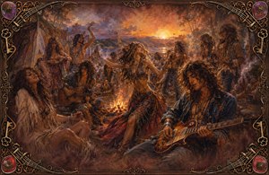 A fiery 1970 hippie gathering unfolds beside a glowing campfire at sunset. Dancers, musicians, flowing fabrics, beads, and guitars create an intense celebration of freedom and desire. Warm amber, crimson, and smoky violet tones fade into memory-softened edges, enclosed by an ornate frame of guitar strings, picks, and antique keys.