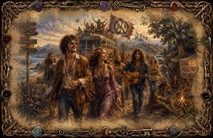 A joyful 1970 hippie procession travels along a mountain road beside a colorful bus, guitars, campfires, peace flags, and wildflowers. Warm golden light, expressive faces, and softly feathered edges create the feeling of a distant memory, framed by ornate guitar strings, picks, antique keys, and elaborate corners.