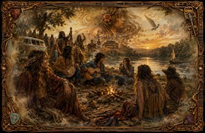 A golden 1970s riverside gathering unfolds around a glowing campfire, where free-spirited hippies play guitar, harmonica, and drums beneath a dreamlike sunset. A painted van, sailboat, vintage car, soaring bird, and ethereal woman enrich the nostalgic scene, framed by ornate guitar strings, picks, keys, and intricate corners.